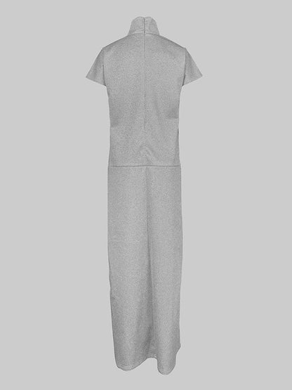 Robe longue ample à manches courtes et col montant, couleur unie 