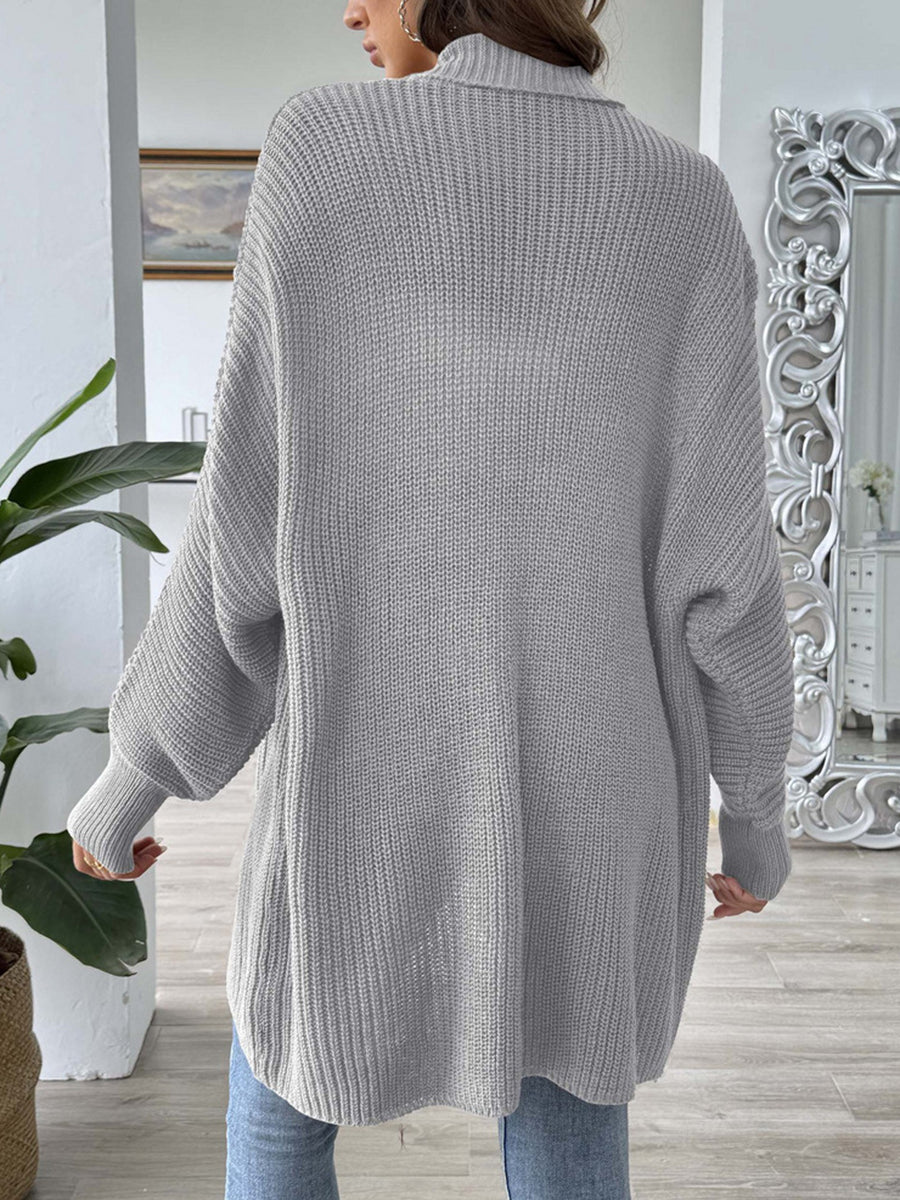 Solid Color Ribbed Loose Long Sleeves Stand Collar Cardigan Tops