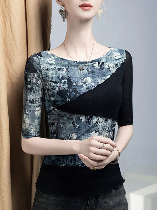 Split-Joint Printed Contrast Color Skinny Plus Size Boat Neck T-Shirts Tops