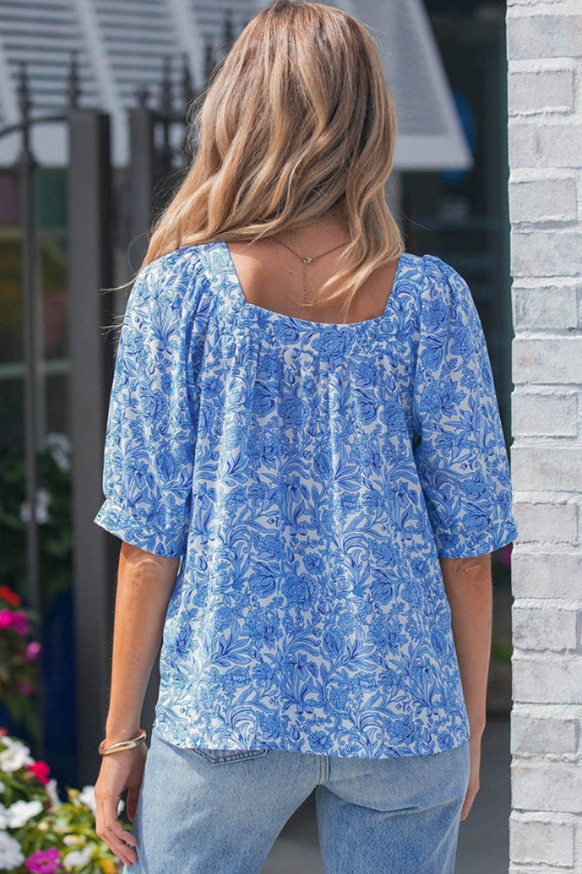 Floral Square Neck Puff Sleeve Blouse