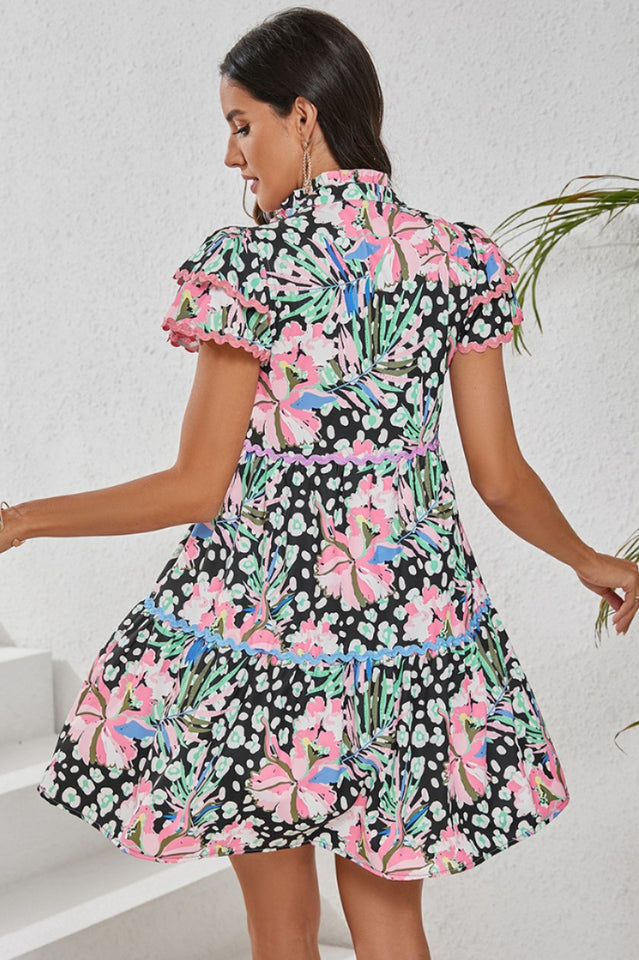 Leopard Floral Print Wavy Embellished Mini Dress