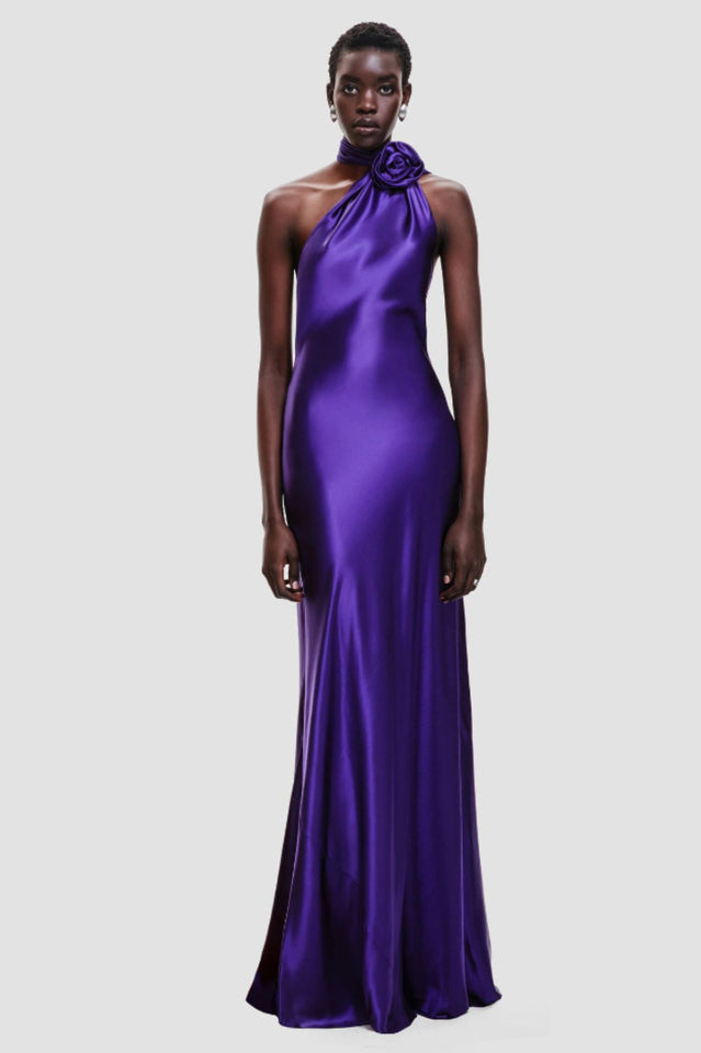 Verna Halter Floral Maxi Satin Dress