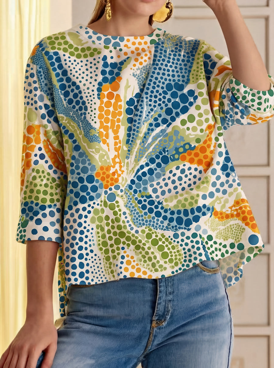 High-Low Loose Contrast Color Printed Round-Neck T-Shirts Tops