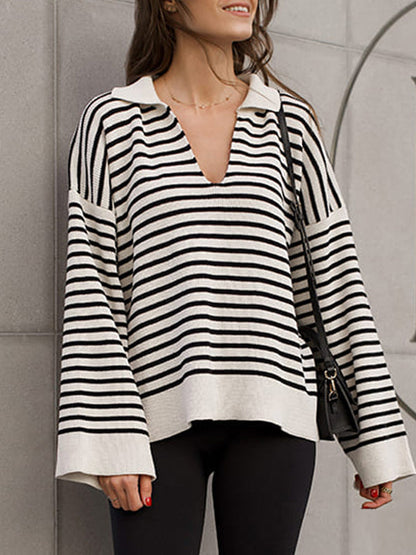 Long Sleeves Loose Split-Joint Striped Lapel Sweater Tops