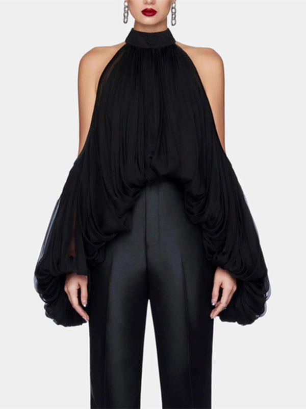 Long Sleeves Loose Pleated Solid Color Tied Halter-Neck Blouses&Shirts Tops