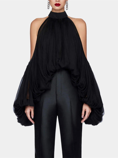 Long Sleeves Loose Pleated Solid Color Tied Halter-Neck Blouses&Shirts Tops