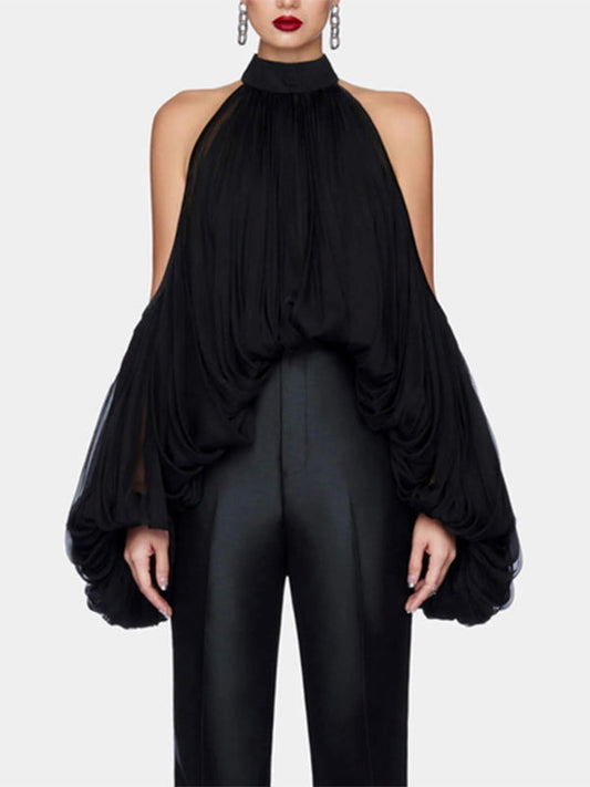 Long Sleeves Loose Pleated Solid Color Tied Halter-Neck Blouses&Shirts Tops