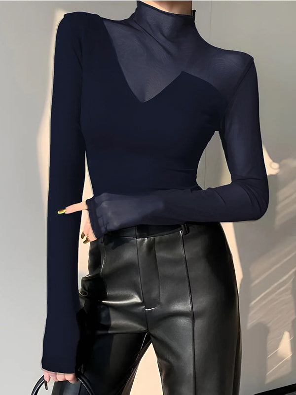 Long Sleeves Skinny Asymmetric Solid Color Split-Joint High Neck T-Shirts Tops