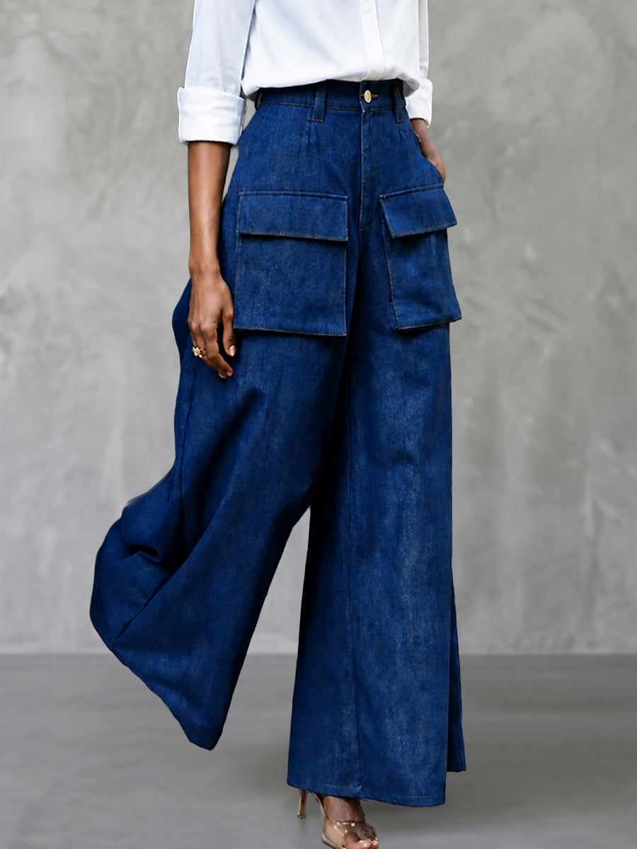 Zipper Solid Color Pockets Buttoned Wide Leg High Waisted Trousers Pants