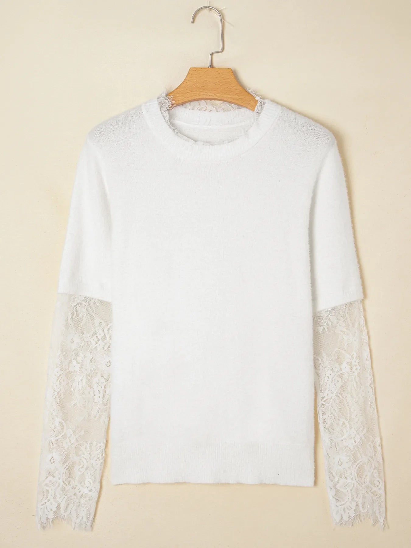 Lace Sleeve Faux Two-Piece Fuzzy Sweater