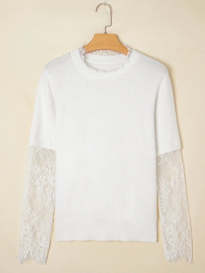 Lace Sleeve Faux Two-Piece Fuzzy Sweater