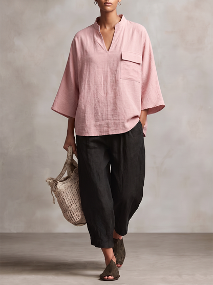 Solid Color Pockets Loose Long Sleeves V-neck Blouses&shirts Tops