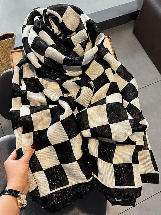 Linen Plaid Printed Sun-Proof Warm Shawl Scarf BLACK One_size