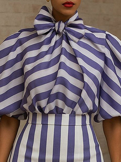 Puff Sleeves Bowknot Pleated Split-Joint Striped High Neck Blouses&Shirts Tops