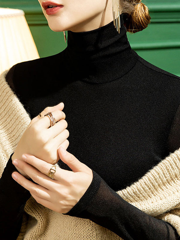 T-shirts à manches longues, col montant, transparents, couleur unie, grande taille 