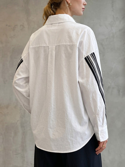 Long Sleeves Loose Buttoned Contrast Color Pockets Split-Joint Webbing Lapel Blouses&Shirts Tops