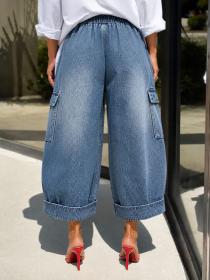 Solid Color Pockets Elasticity Buttoned Wide Leg Loose Jean Pants Bottoms Cropped Trousers