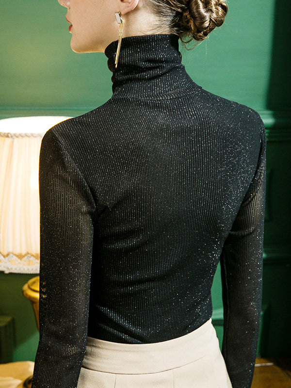 T-shirts à manches longues, col montant, transparents, pailletés, couleur unie, grande taille 