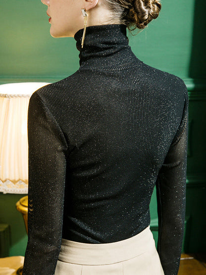 T-shirts à manches longues, col montant, transparents, pailletés, couleur unie, grande taille 