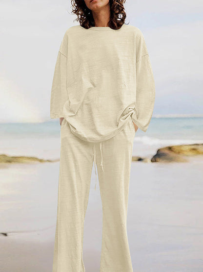 Loose Solid Color Long Sleeves Round-neck Shirts Top + Drawstring Pants Bottom Two Pieces Set