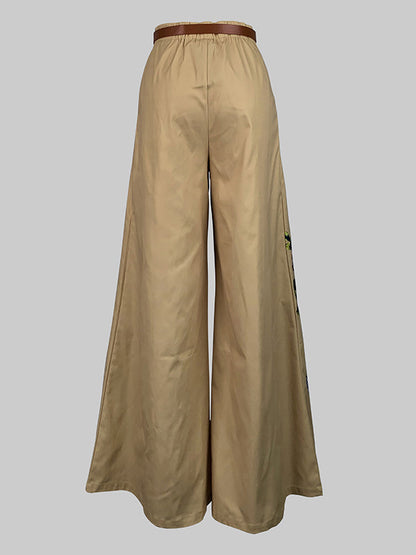 High Waisted Loose Belted Flower Print Pockets Pants Trousers