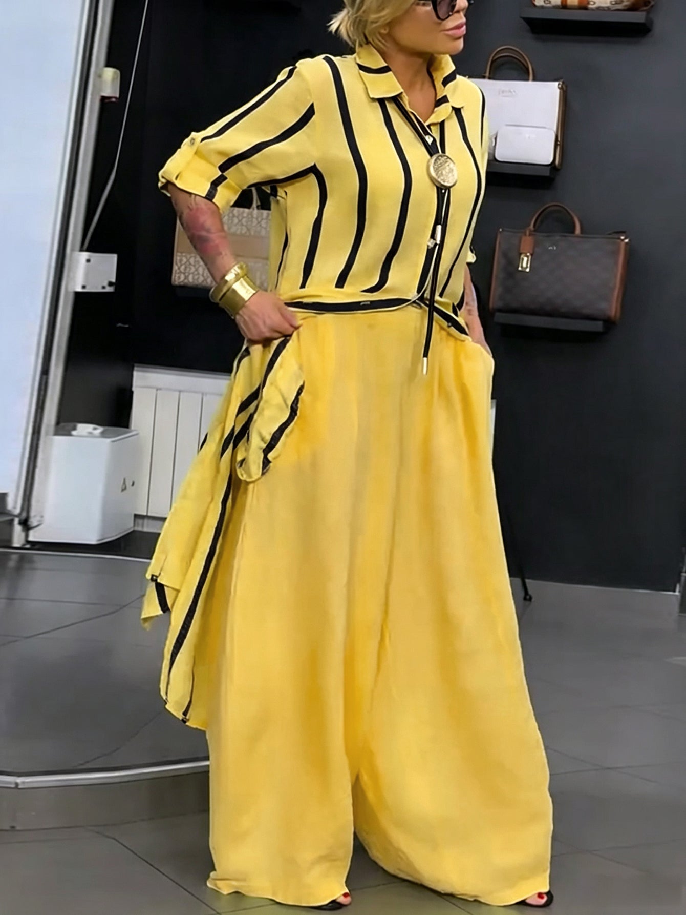 High‑low Long Sleeves Buttoned Contrast Color Striped Lapel Blouses&shirts Tops + Solid Color Pockets Wide‑Leg Bottoms Pants Trousers Two Pieces Set