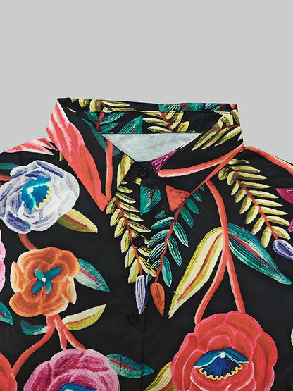 Flared Sleeves Long Sleeves Buttoned Contrast Color Flower Print Lapel Blouses&Shirts Tops