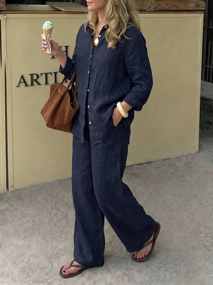Solid Color Pockets Buttoned Plus Size Loose Lapel Two Pieces Set Trousers Pants Blouses&shirts Tops