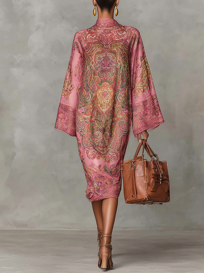 Long Sleeves Loose Contrast Color Printed Mock Neck Midi Dresses