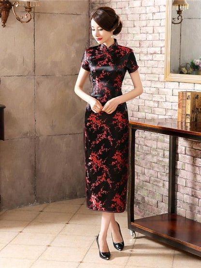 Black Red-flower Print Split-side Long Cheongsam