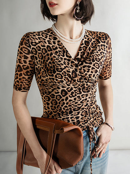 Half Sleeves Skinny Leopard Pleated V-Neck T-Shirts Tops
