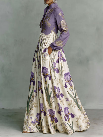 Split-Joint Ruched Pockets Flower Print Contrast Color Buttoned Loose Long Sleeves Stand Collar Maxi Dresses
