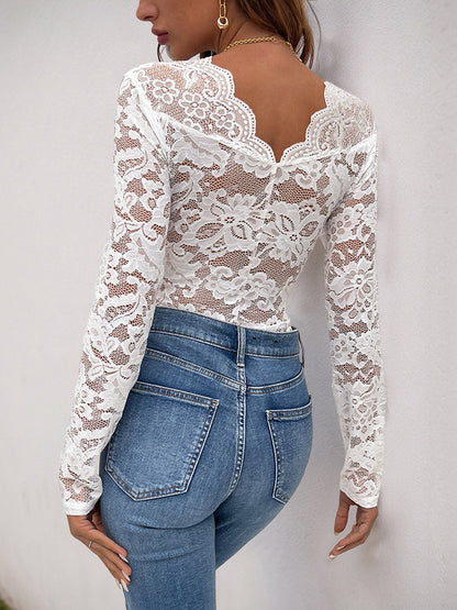 Long Sleeves Skinny Hollow Solid Color V-Neck Bodysuits