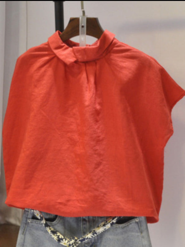 Künstlerische Retro-Blusen und Hemden mit kurzen Ärmeln, locker, plissiert, einfarbig 