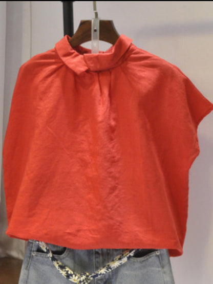 Künstlerische Retro-Blusen und Hemden mit kurzen Ärmeln, locker, plissiert, einfarbig 