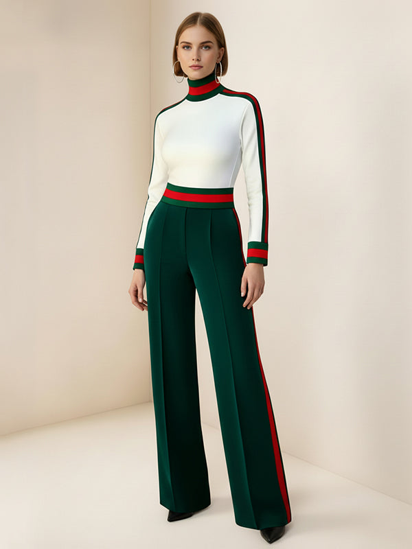 Loose Wide Leg Contrast Color Pockets Split-Joint Striped Pants