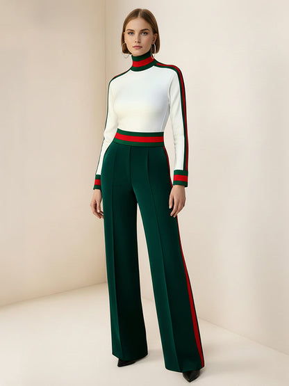 Loose Wide Leg Contrast Color Pockets Split-Joint Striped Pants