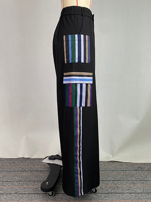 High Waisted Loose Pockets Split-Joint Striped Pants Trousers