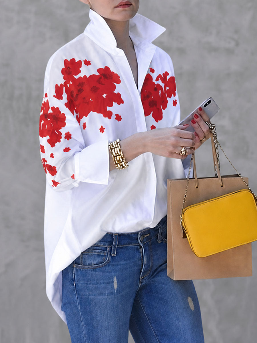 Tied Split-Joint Flower Print Buttoned Loose Long Sleeves V-neck Blouses&shirts Tops