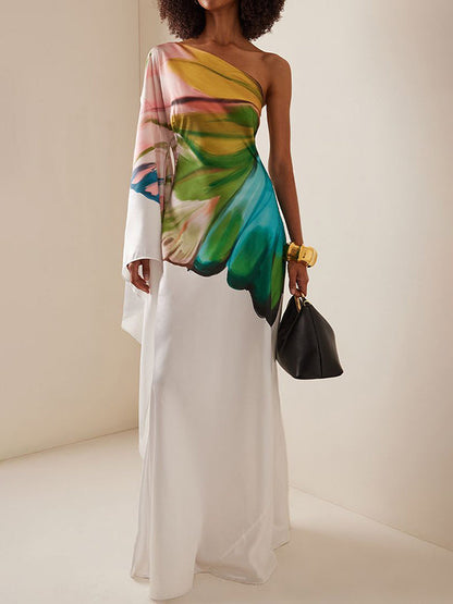 Long Sleeves Loose Asymmetric Flower Print One-Shoulder Maxi Dresses