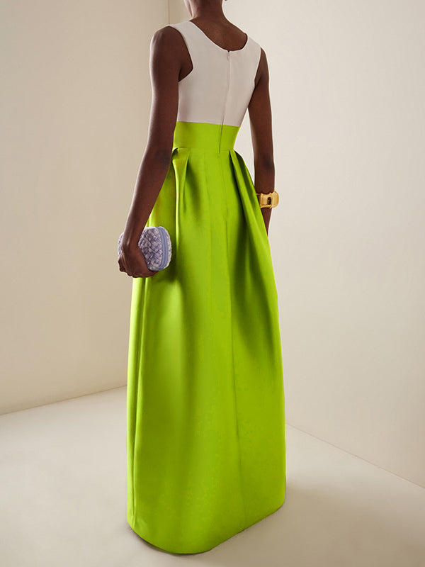 A-Line High Waisted Contrast Color Pleated Zipper Deep V-Neck Maxi Dresses