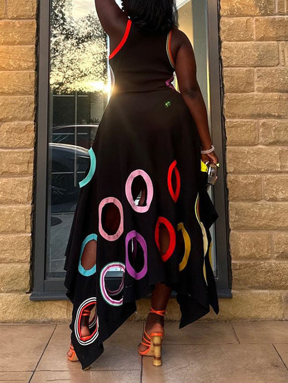 A-Line High Waisted Contrast Color Hollow Round-Neck Maxi Dresses