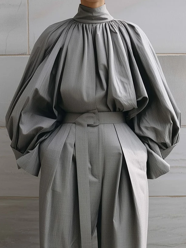 Long Sleeves Loose Pleated Solid Color High Neck Blouses&Shirts Tops
