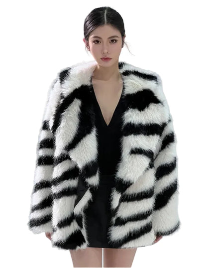 Women Zebra Print Faux Fur Coat | Oversized Fluffy Striped Jacket