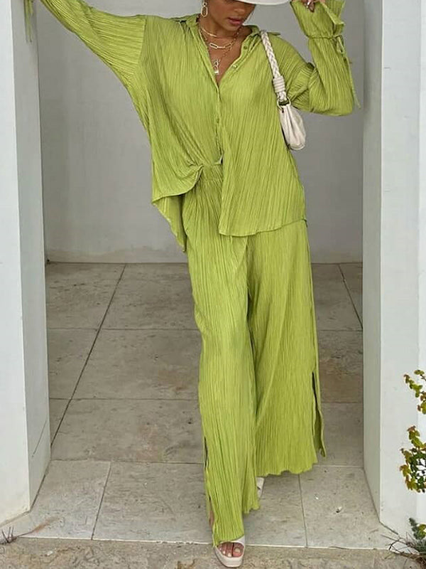 Flared Sleeves Long Sleeves Buttoned Drawstring Pleated Solid Color Split-Side Lapel Shirts Top + Pants Bottom Pajama Sets