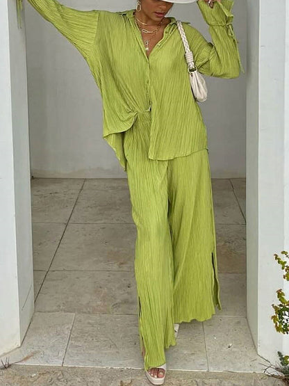 Flared Sleeves Long Sleeves Buttoned Drawstring Pleated Solid Color Split-Side Lapel Shirts Top + Pants Bottom Pajama Sets