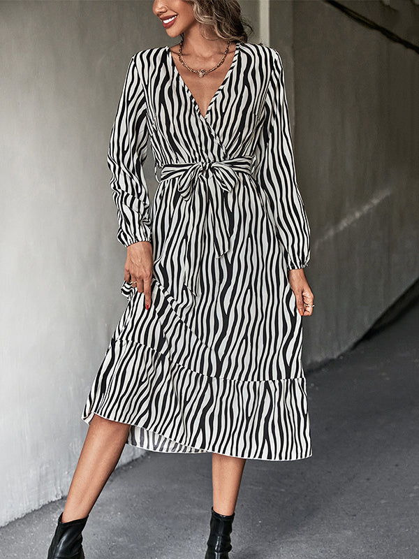 High Waisted Long Sleeves Tied Waist Zebra-Stripe V-Neck Midi Dresses