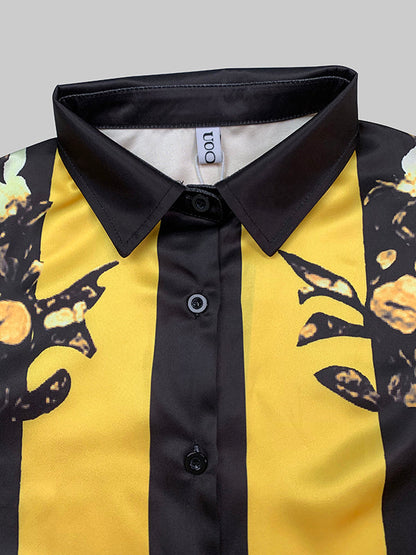 Long Sleeves Loose Buttoned Contrast Color Flower Print Split-Joint Lapel Blouses&Shirts Tops