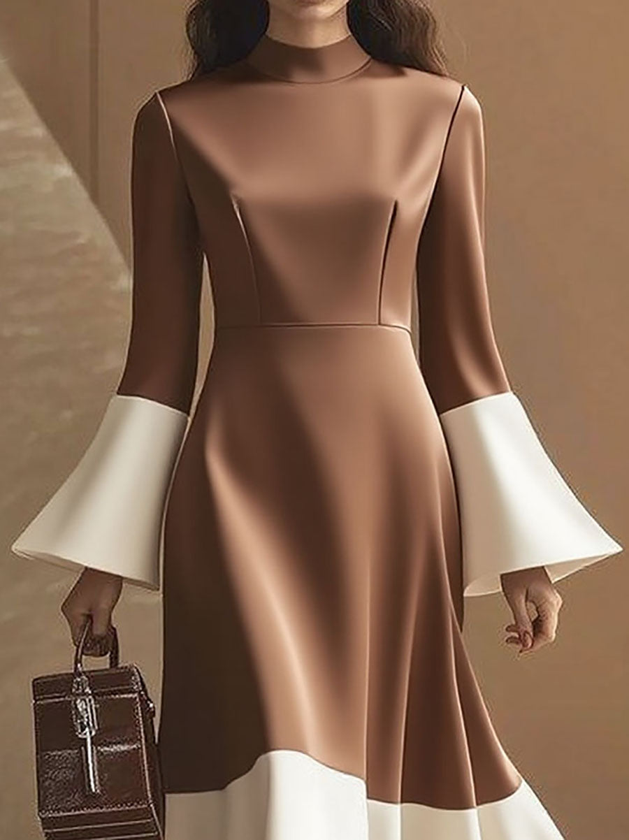 Flared Sleeves High Waisted Contrast Color Pleated Split-Joint Mock Neck Maxi Dresses