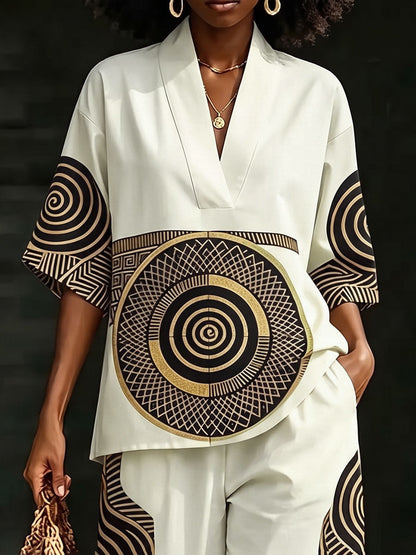 Printed Contrast Color Loose Half Sleeves V-neck Blouses&shirts Tops
